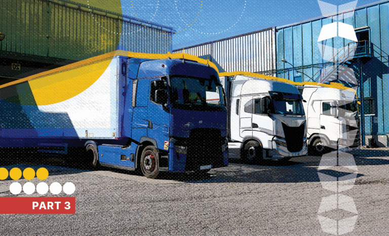 Three trucks in a container yard, representing 2026 transportation trends
