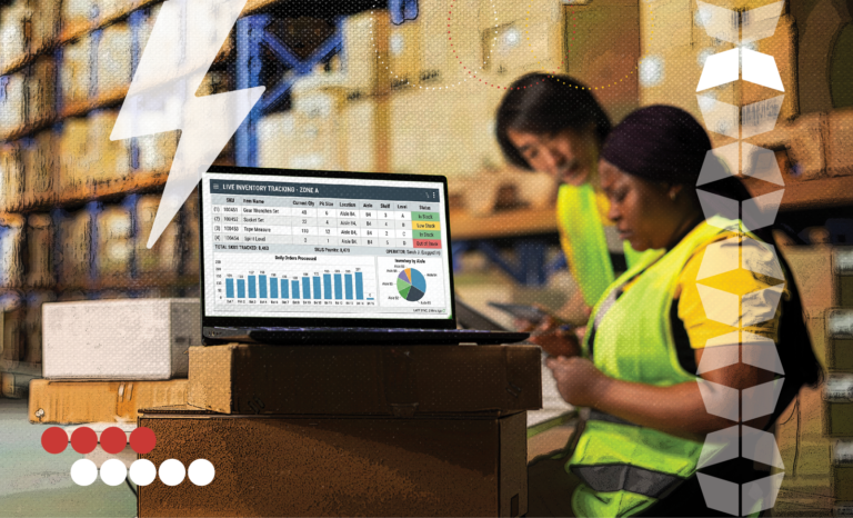 Workers in warehouse with a computer screen with data, representing supply chain visibility