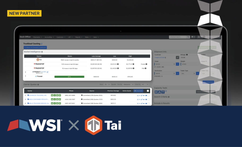 screenshot of Tai TMS software, representing a partnership announcement between Tai and WSI