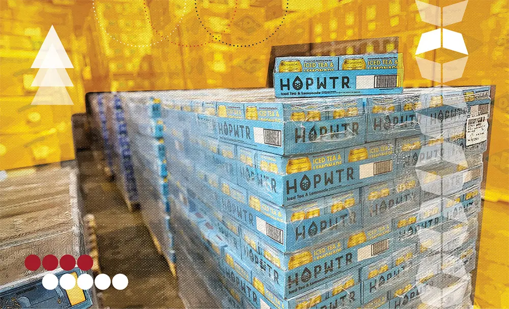 Pallets of beverage boxes stacked neatly