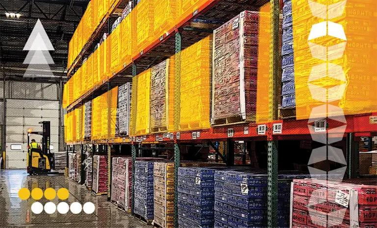 Colorful pallets stacked in warehouse