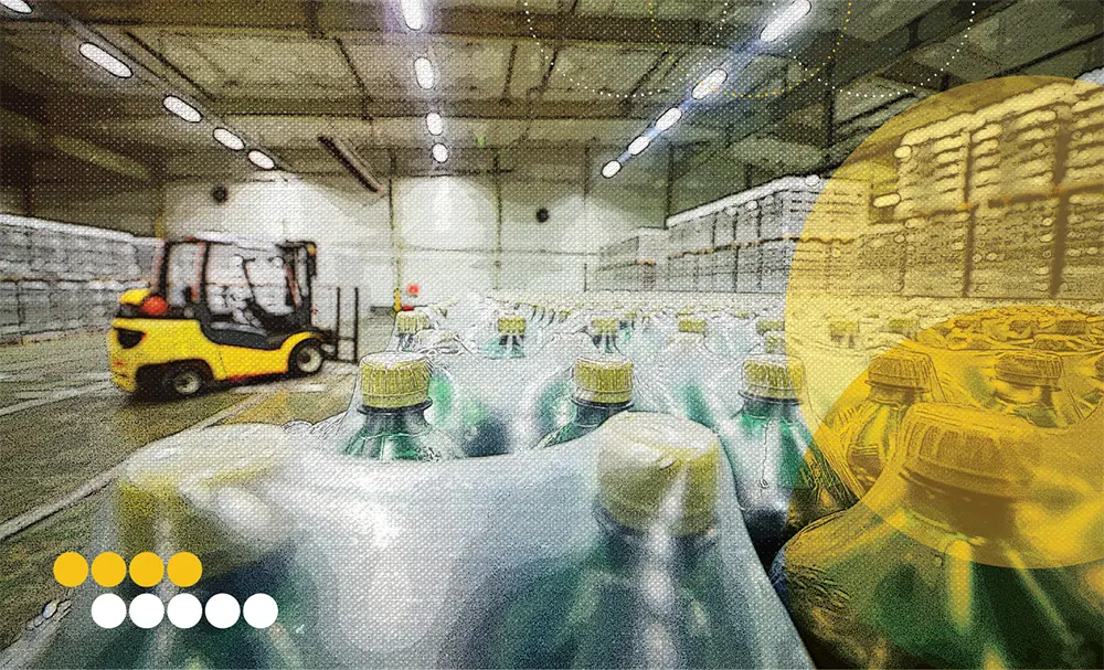 Bottles stacked in a warehouse