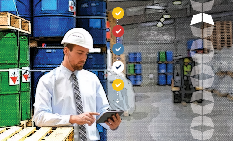 Worker in chemical warehouse assessing chemical compliance