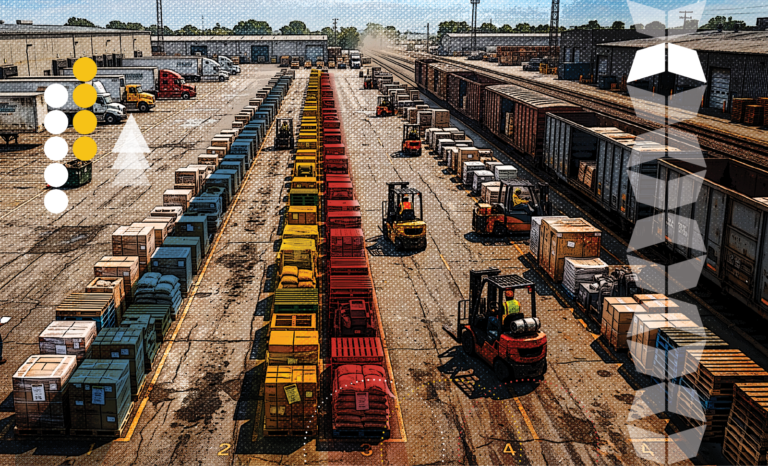 B2B freight capacity reflected by industrial pallets staged by lane for scheduled truck and rail departures.