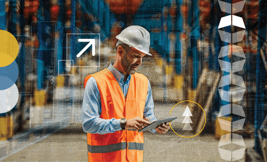Man on tablet in warehouse with arrow pointing up, representing how technology improves inventory management