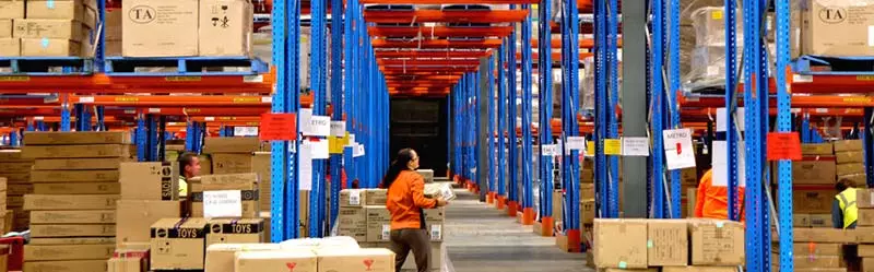 parcel shipping center with pallets and boxes