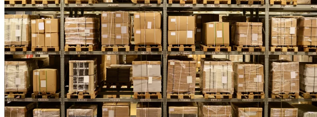 Warehouse shelf with pallets and boxes