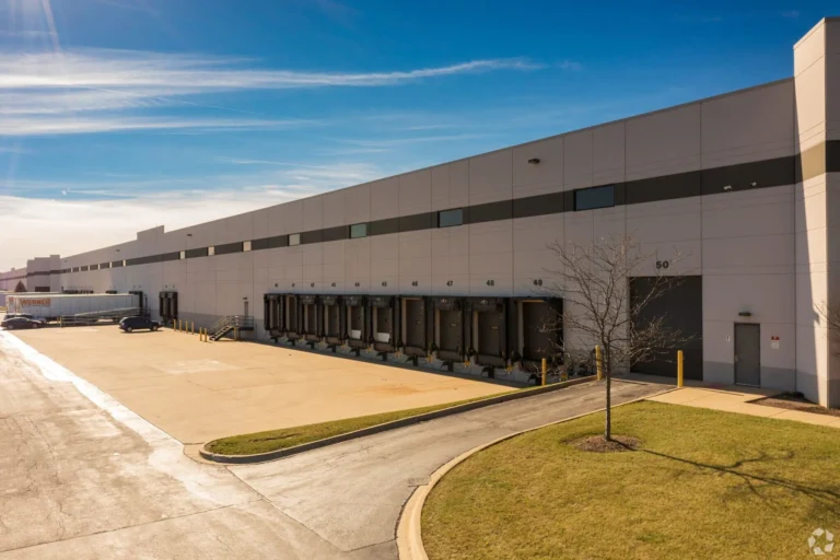 Large industrial building with loading docks.