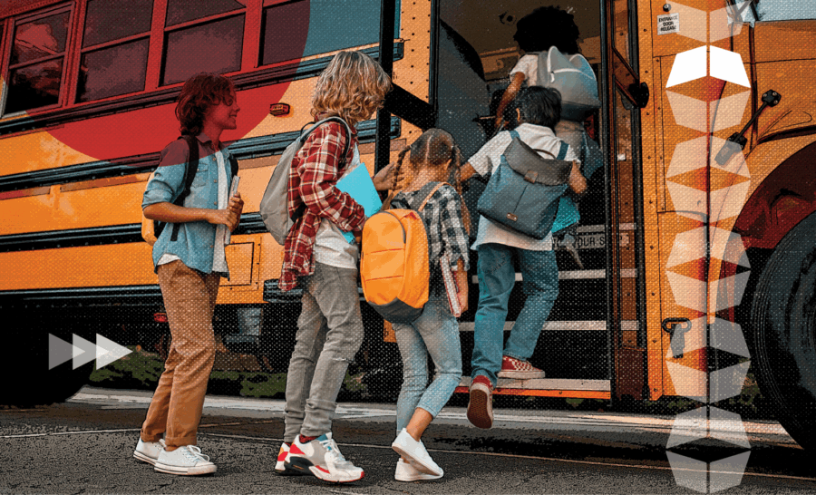 kids boarding bus with backpacks and school gear, representing the back-to-school retail shopping season