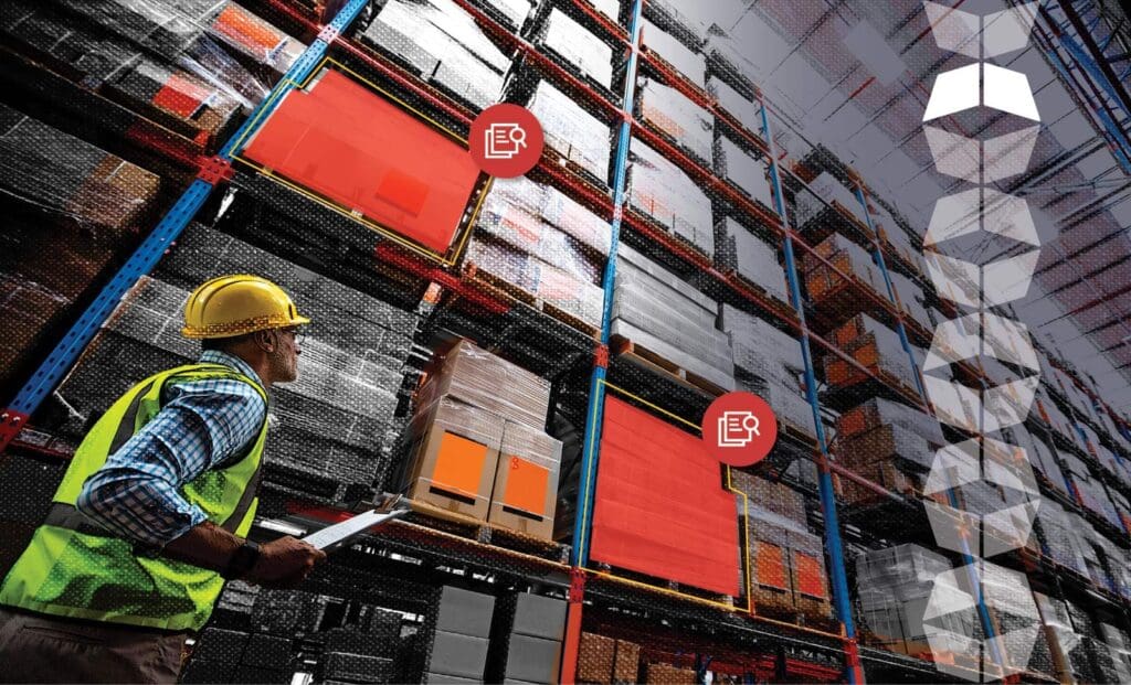 3PL warehousing and distribution worker looking up at storage racks