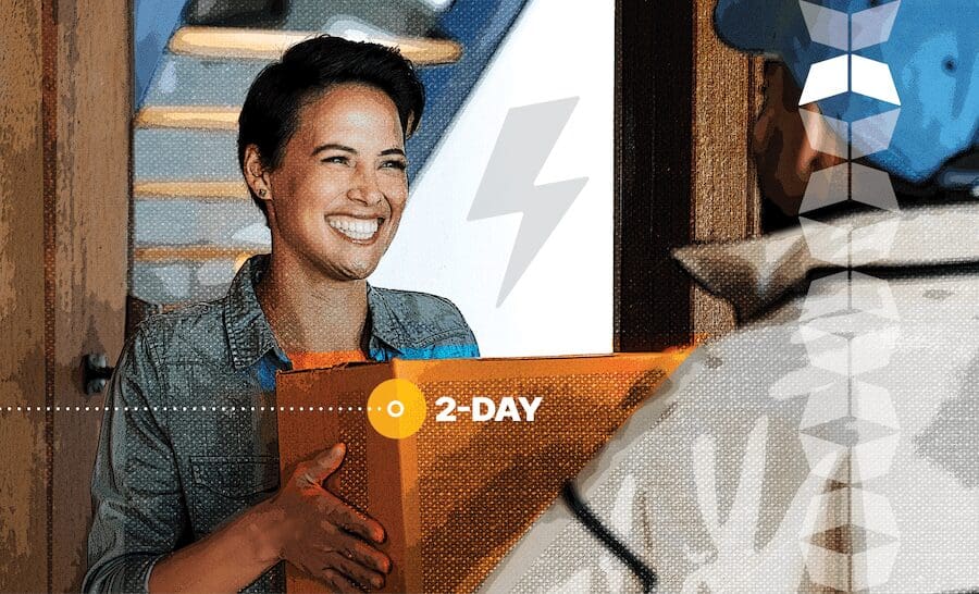 lady smiling while receiving a two day delivery package