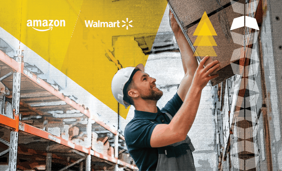 man in warehouse with hardhat placing box on shelf and Amazon and Walmart logos, representing marketplace fulfillment and how to master them