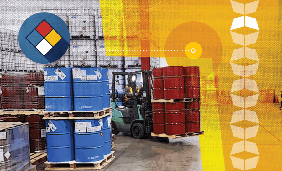 barrels on pallets and forklift in warehouse, representing chemical logistics and current news about chemical logistics