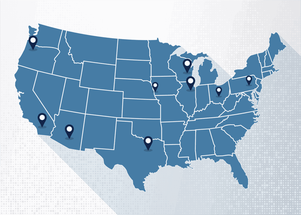 map of U.S. states with WSI warehouse and fulfillment center locations