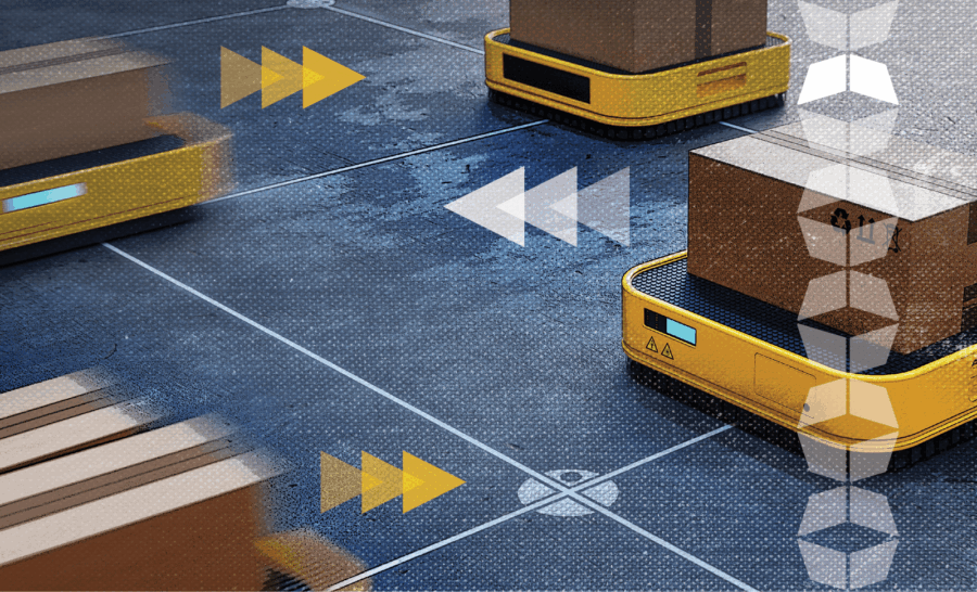 Boxes on robotic scooters in warehouse with arrows, representing leveraging automation in warehousing