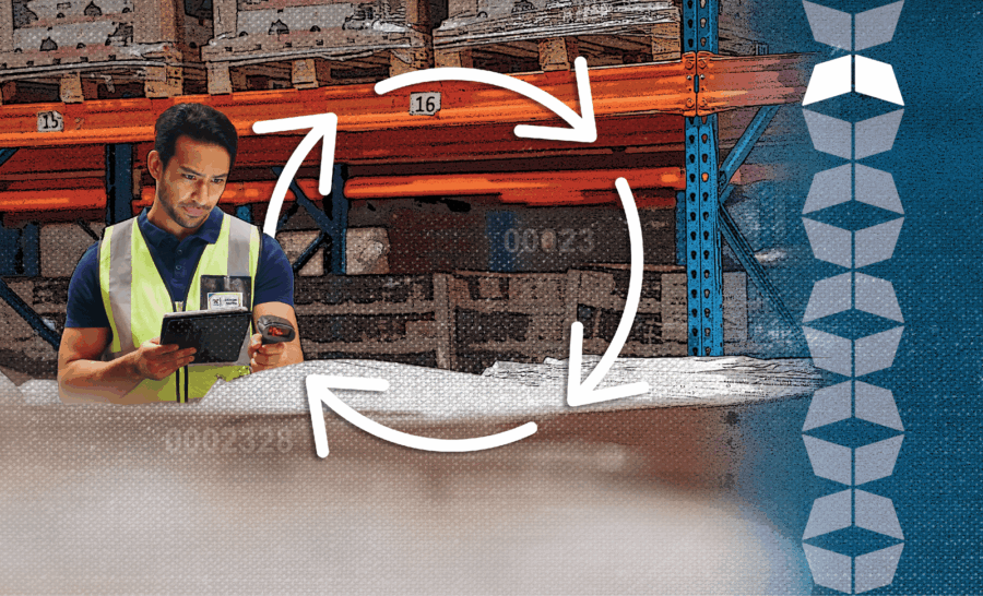 Man with clipboard in warehouse with circular arrows, representing cycle counting for warehousing efficiency and accurate inventory