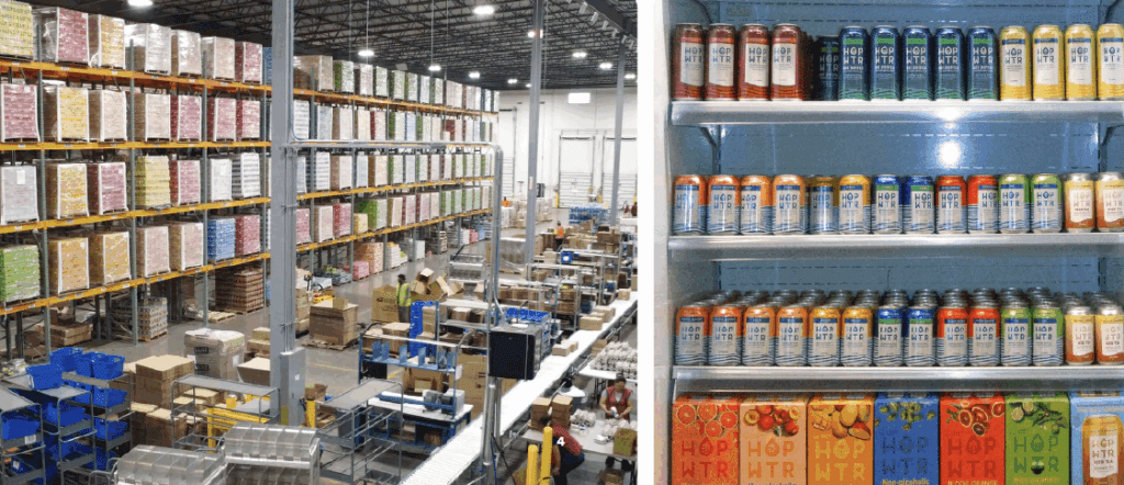 pallets of hopwtr cans in WSI beverage fulfillment warehouse alongside image of howtr on retail store shelves