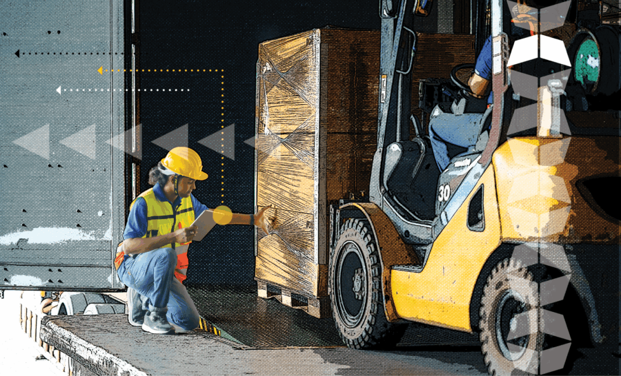 warehouse worker on dock next to loader and boxes, representing using warehouse slotting strategies to optimize order fulfillment