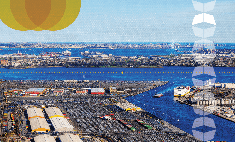 waterway, container yards, ships, and arrows representing why manufacturers and retailers are considering nearshoring and reshoring their operations