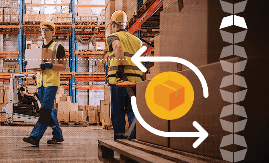 workers in warehouse with a box and reverse symbol around it, representing the importance of a clear returns policy