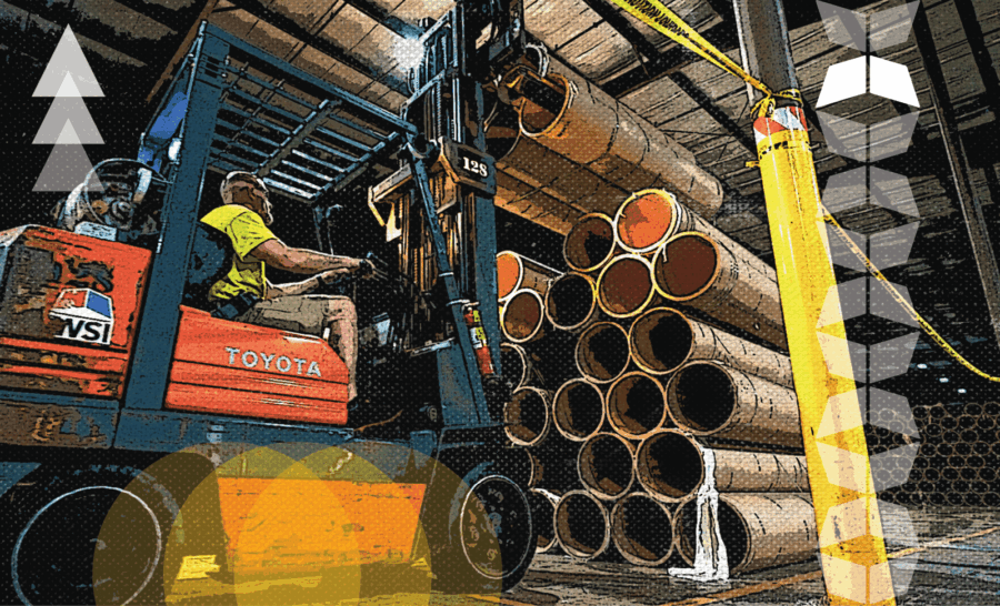 WSI warehouse employee handling delicate paper rolls on forklift, representing the importance of labor planning in complex industries
